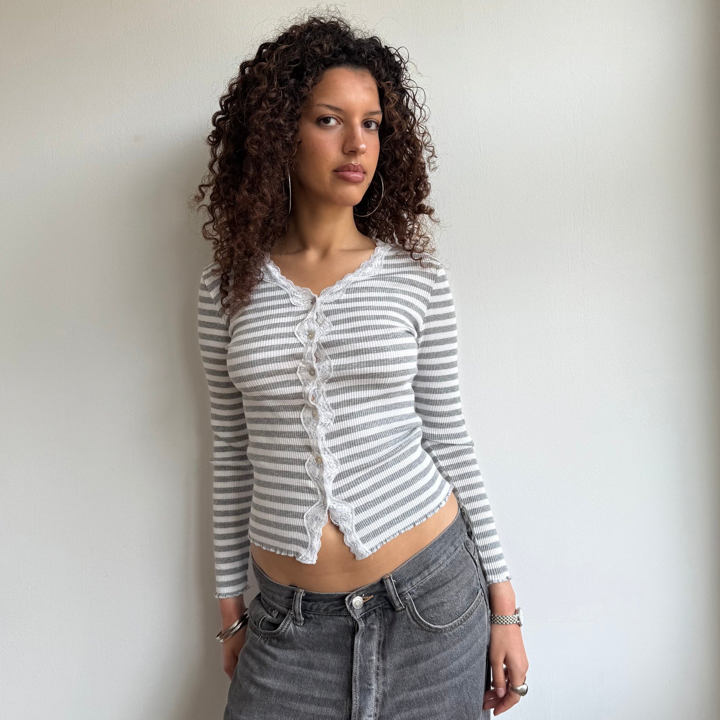 Grey + white striped lace cardi - Size XS