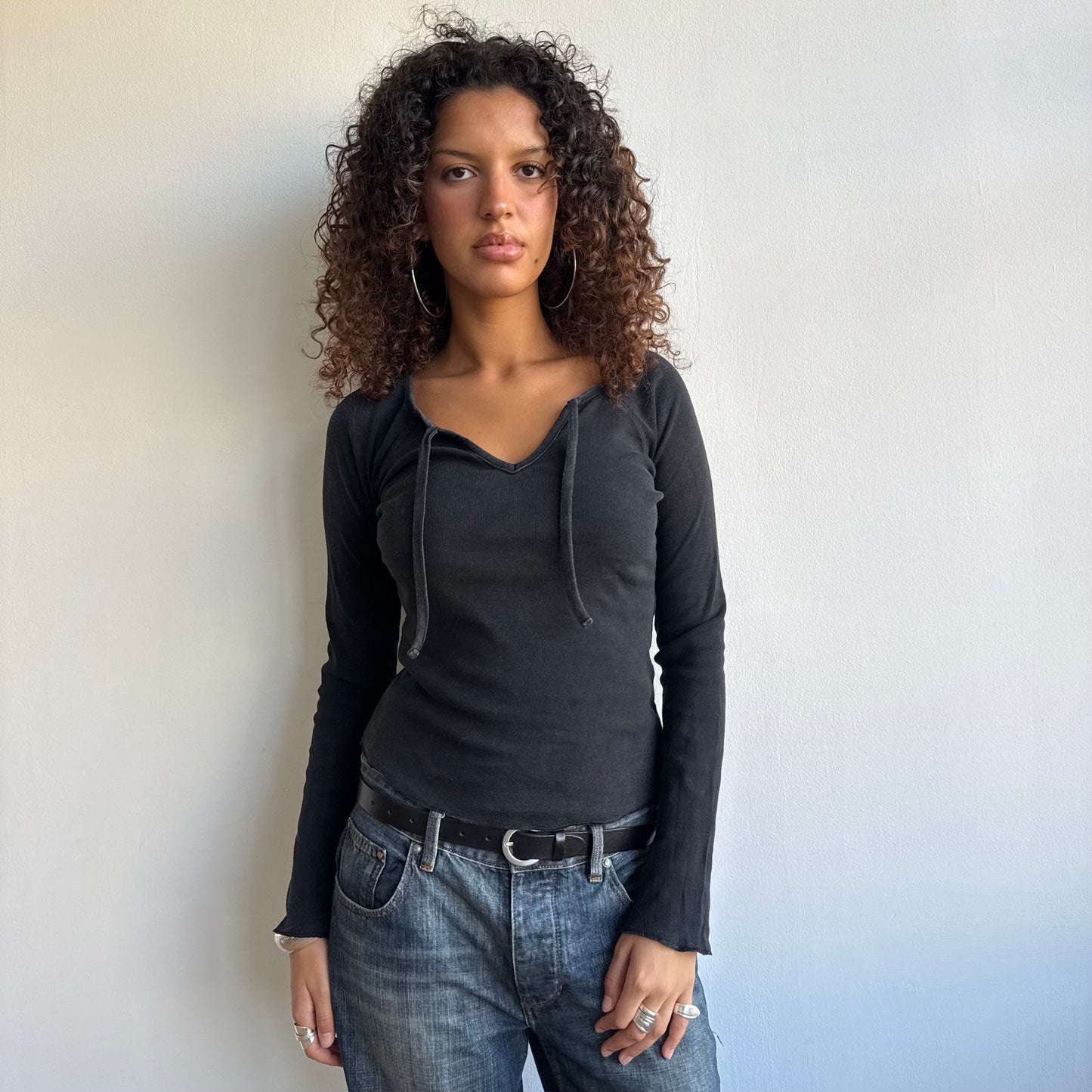 Black neck tie long sleeve top - Size S/M