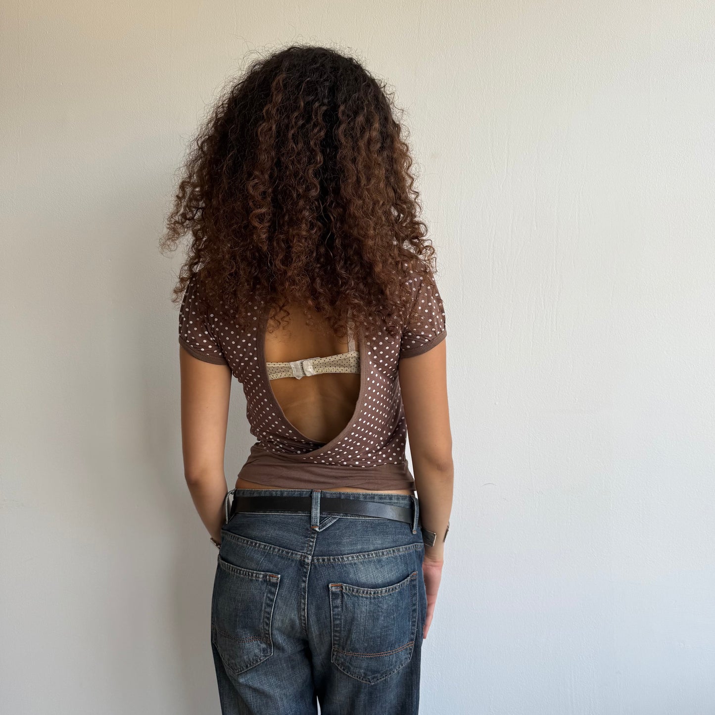 Brown polka dot keyhole top - Size S