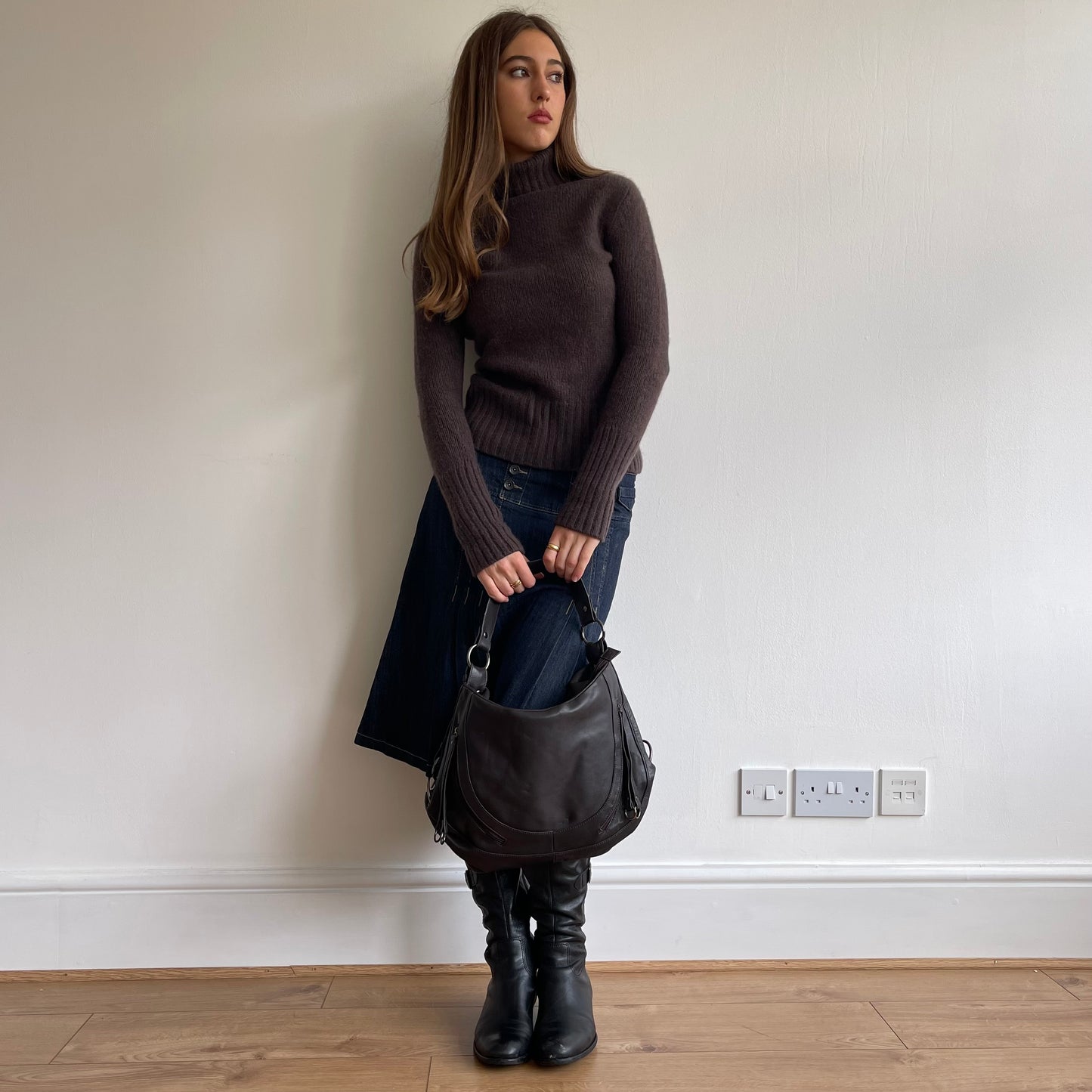 Brown leather crescent bag