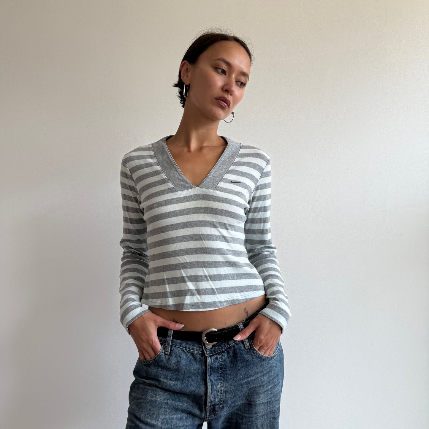 Grey Nike stripe v-neck top - Size S
