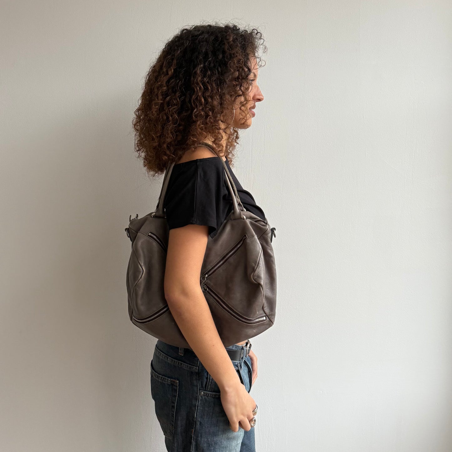 Grey zip leather bag - One Size