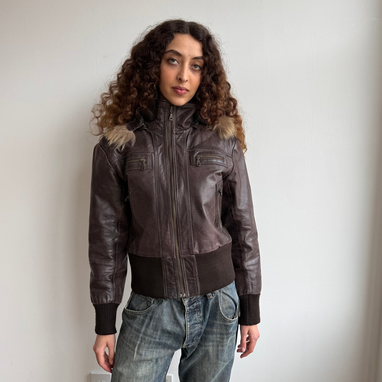 Brown leather fur hood bomber - Size M/L