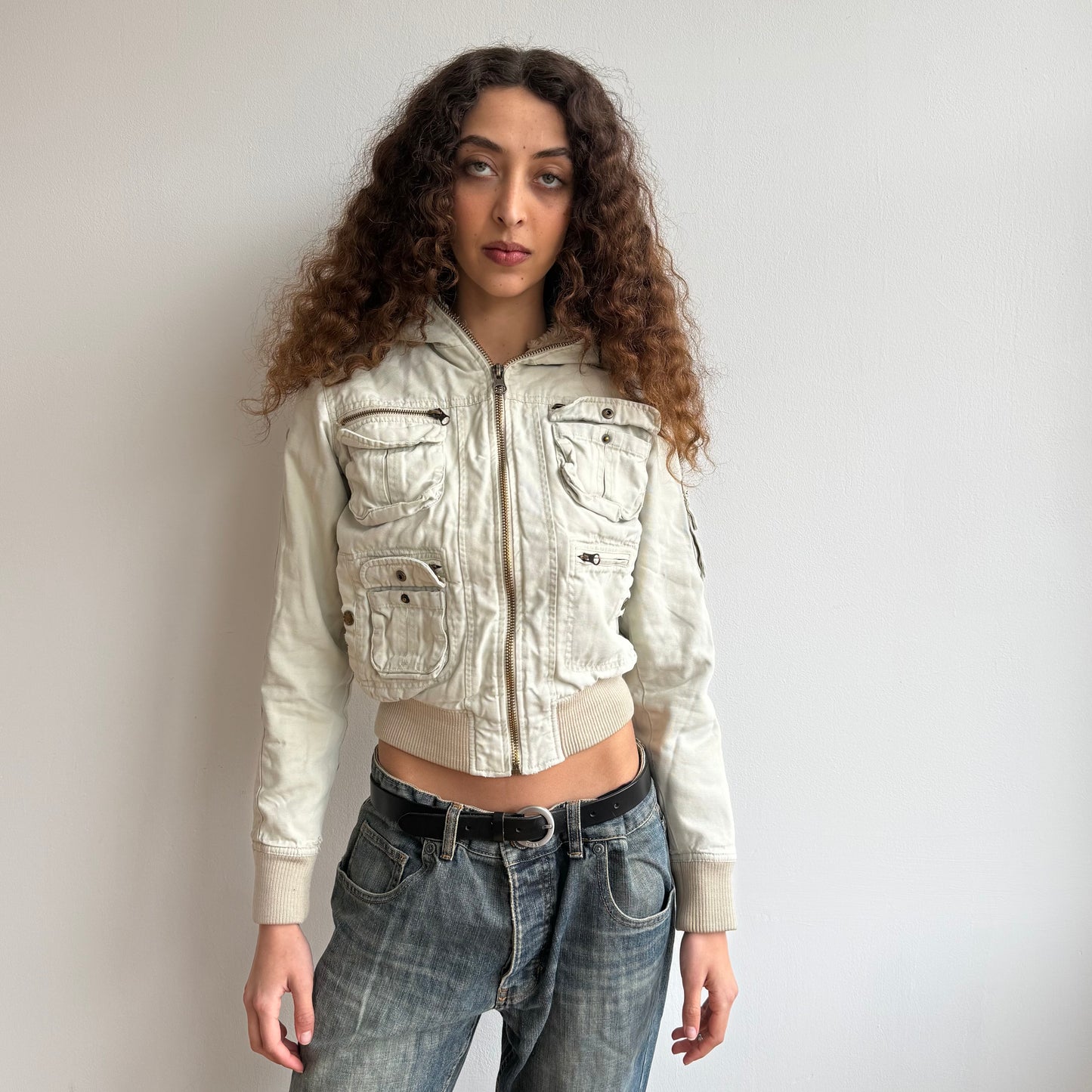 Cream bomber with faux fur hood - Size XS + M