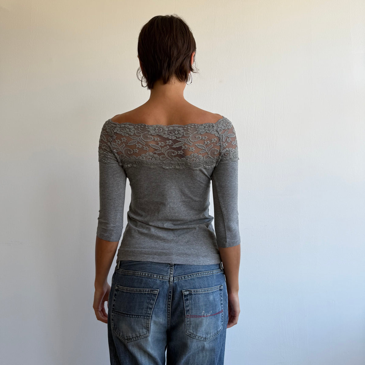 Grey lace bardot 3/4 sleeve top - Size S/M