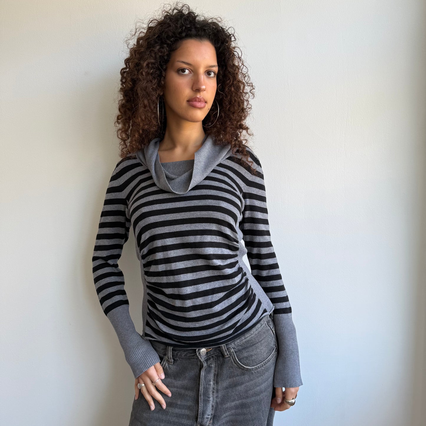 Grey + black striped cowl knit - Size S/M