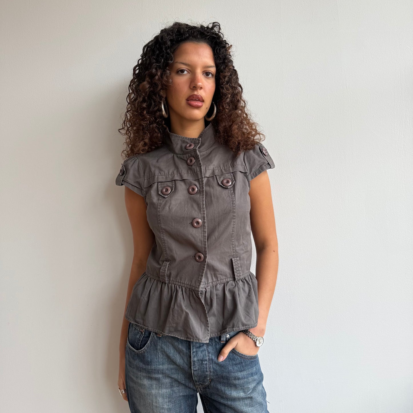Khaki grey short sleeve jacket - Size S, M + L
