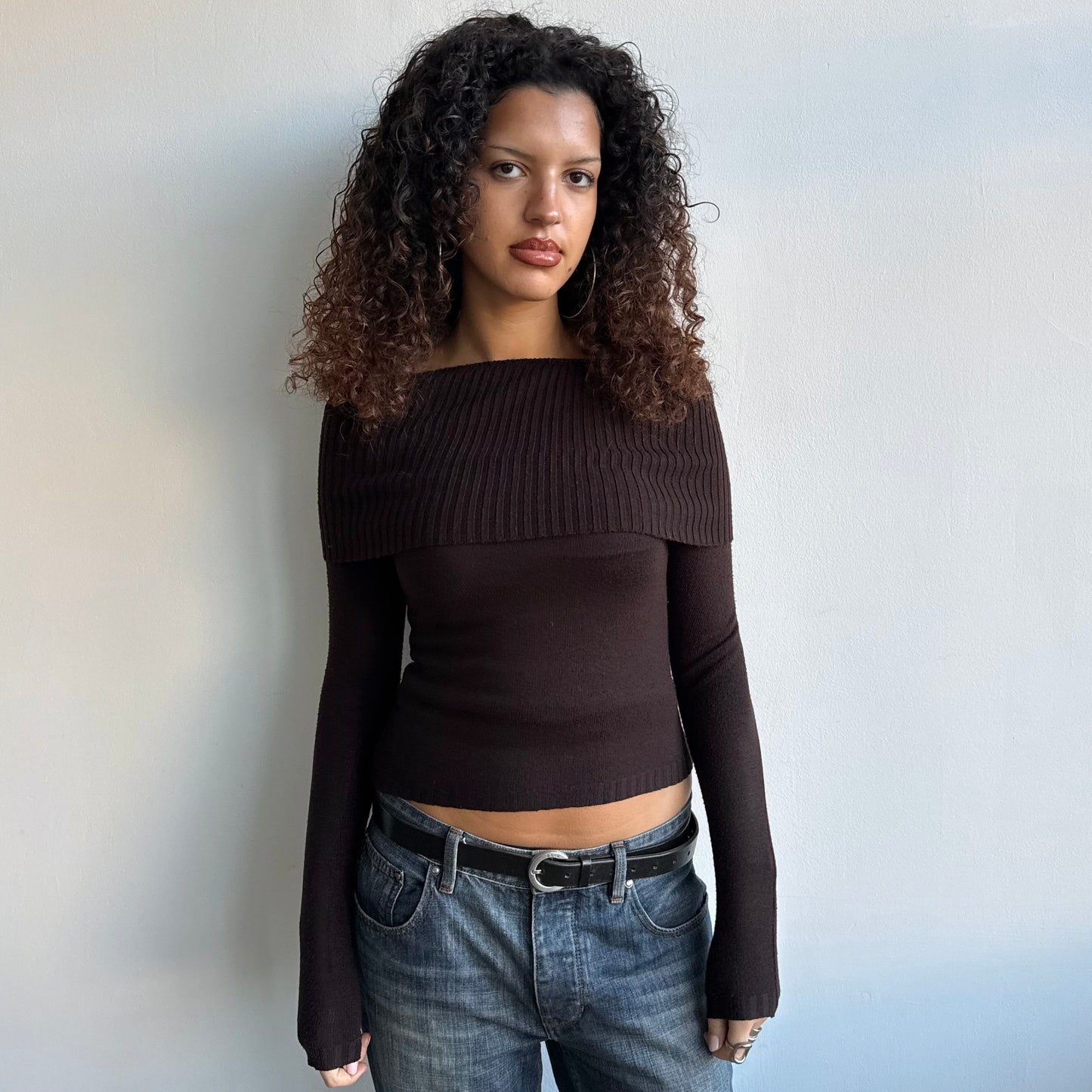 Brown Bardot knit jumper - Size S