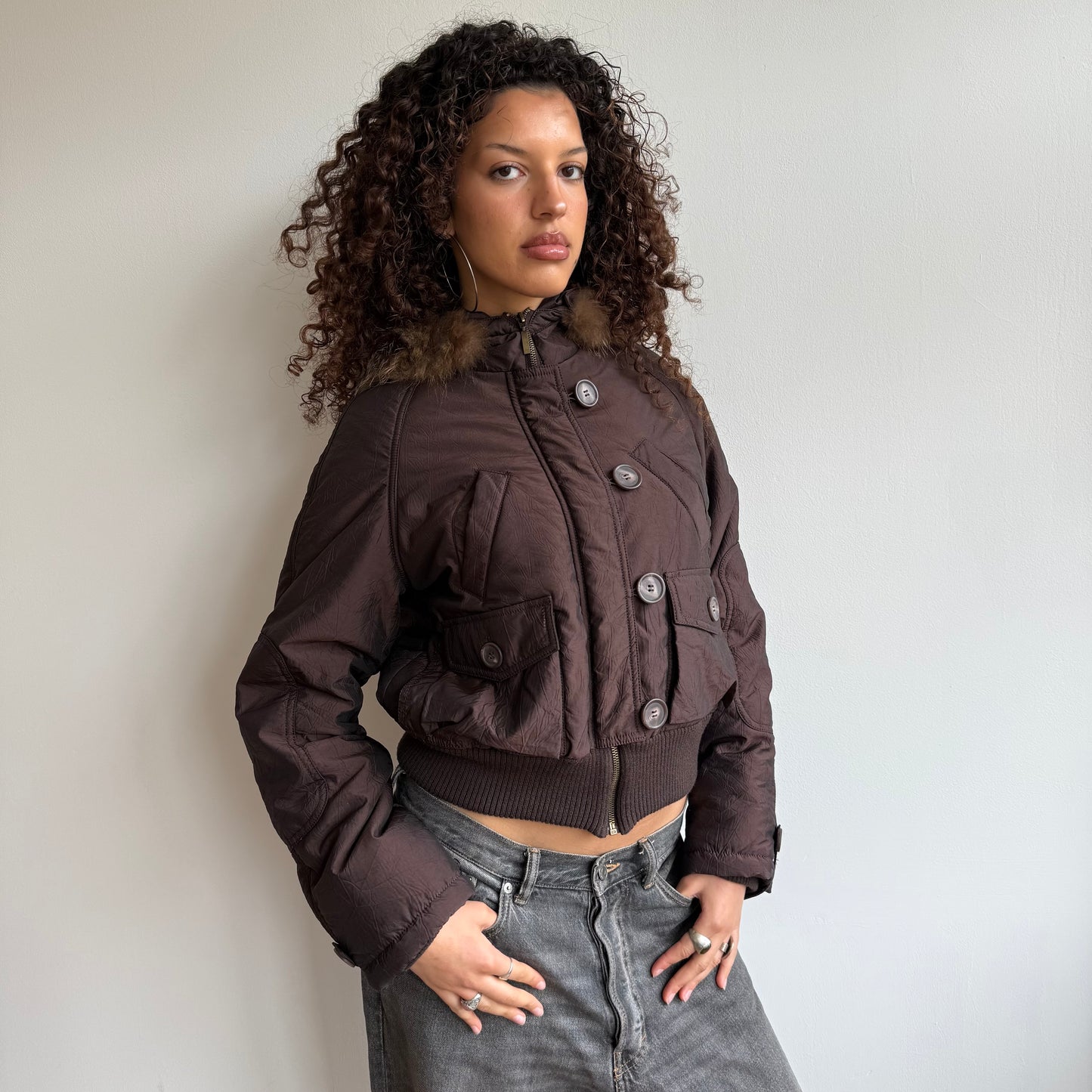 Brown puffer fur hood - Size M