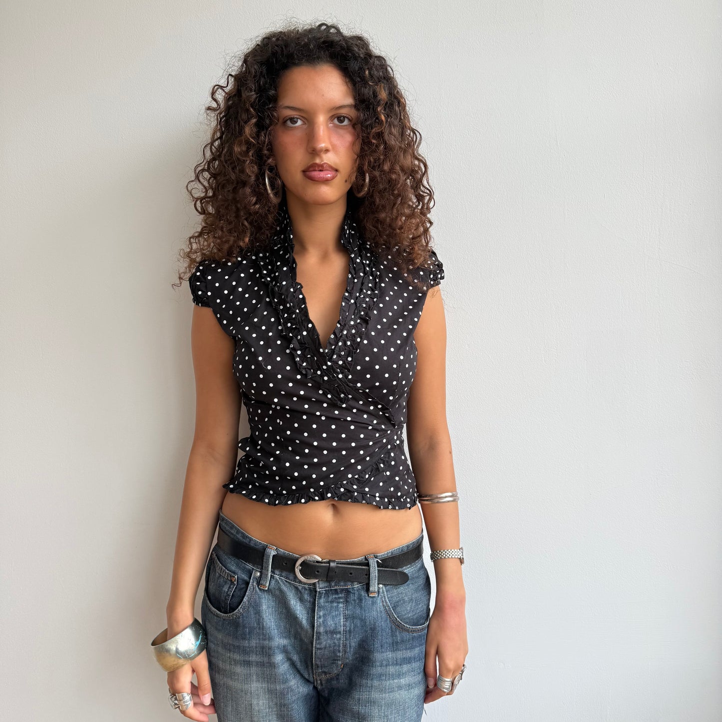 Black polka dot wrap top - Size S