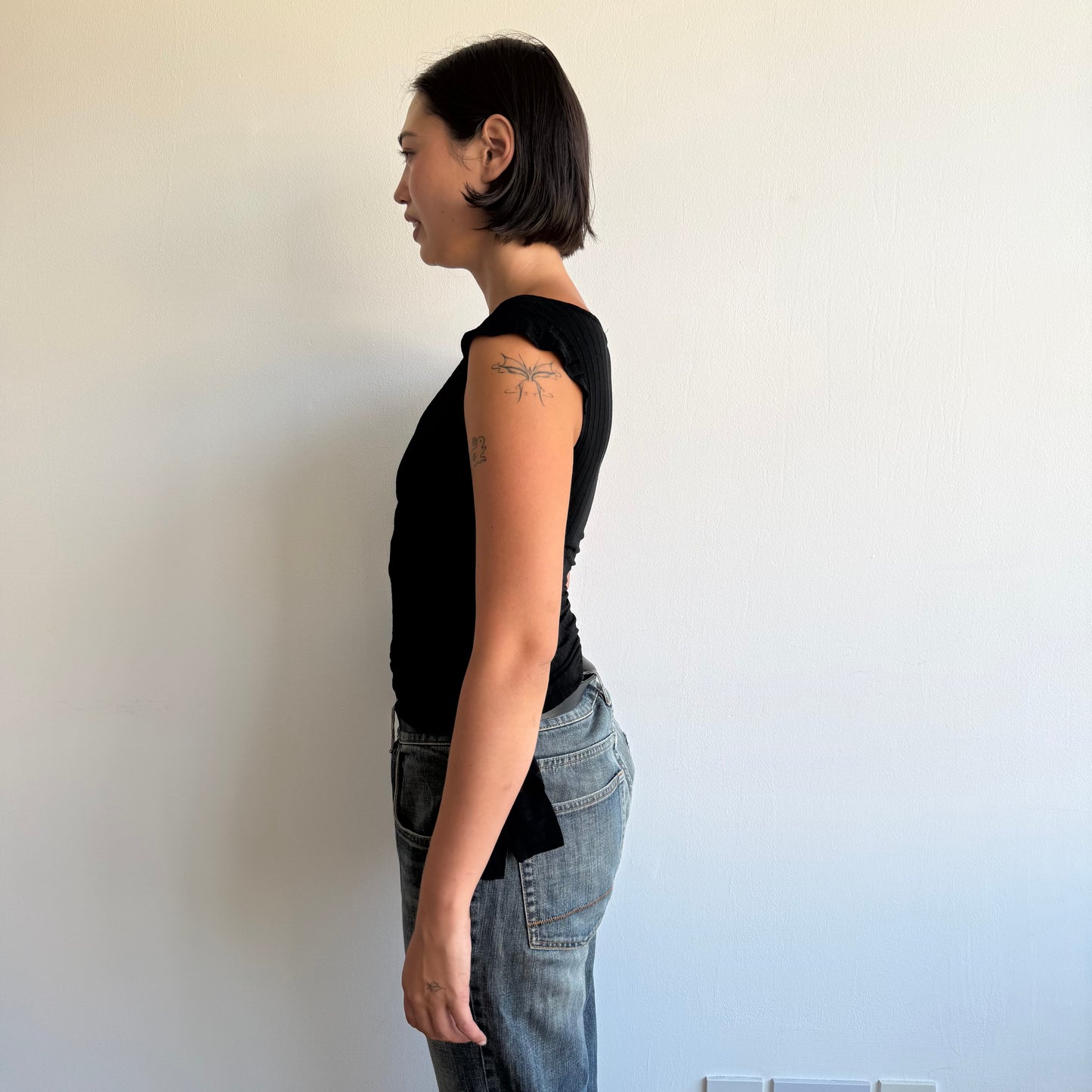 Black ribbed wrap tie side top - Size S