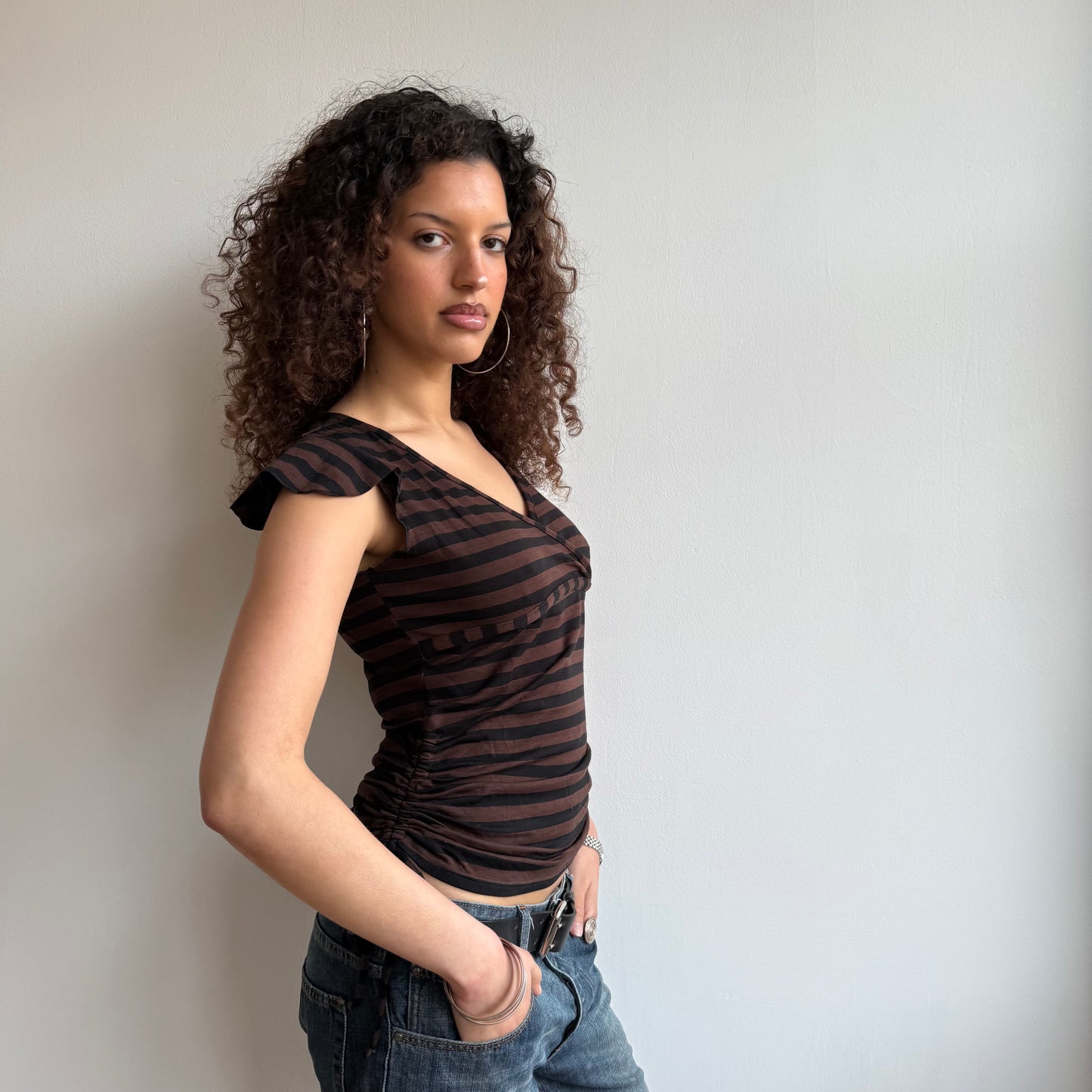 Brown striped ruched top - Size L