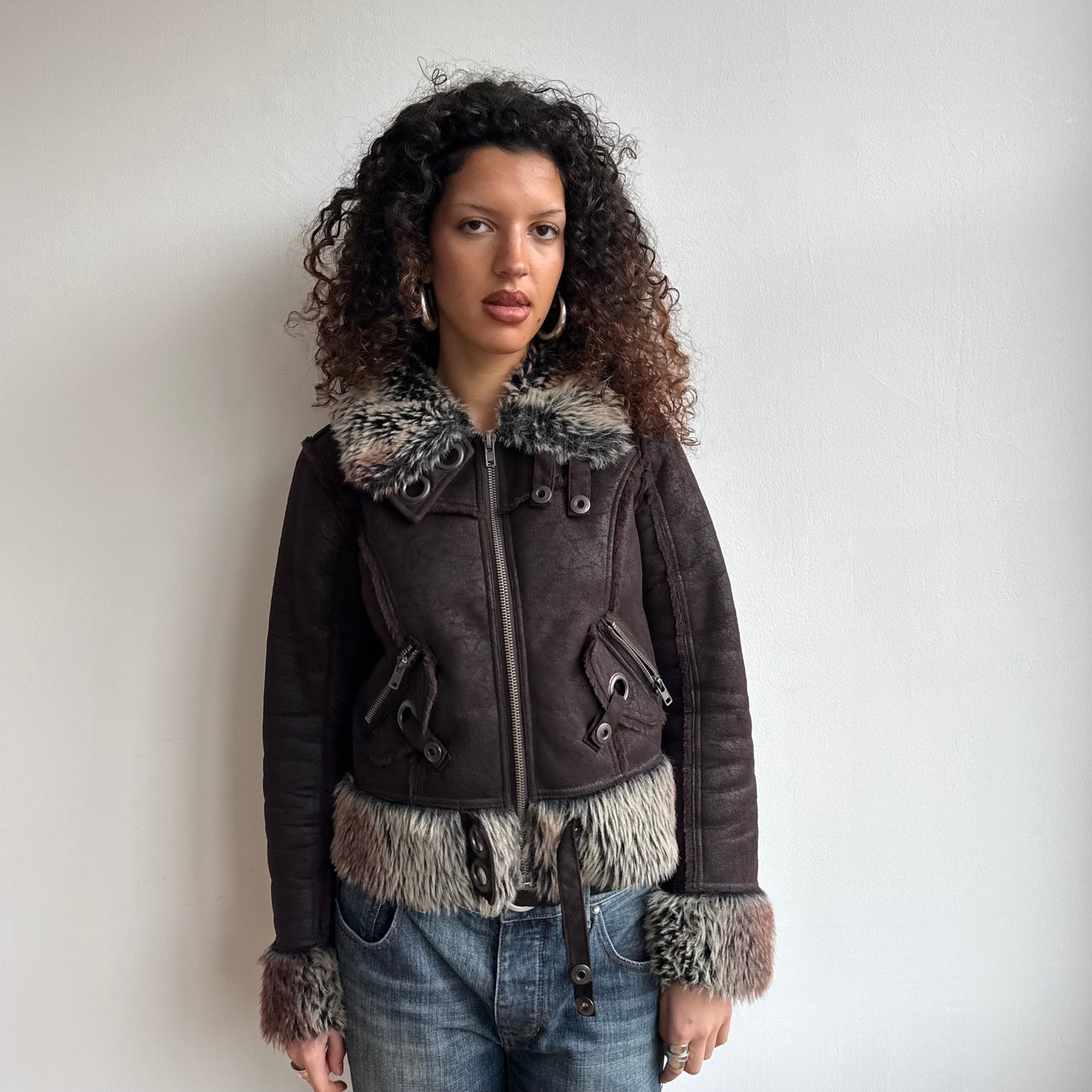 Brown faux fur cargo bomber - Size M