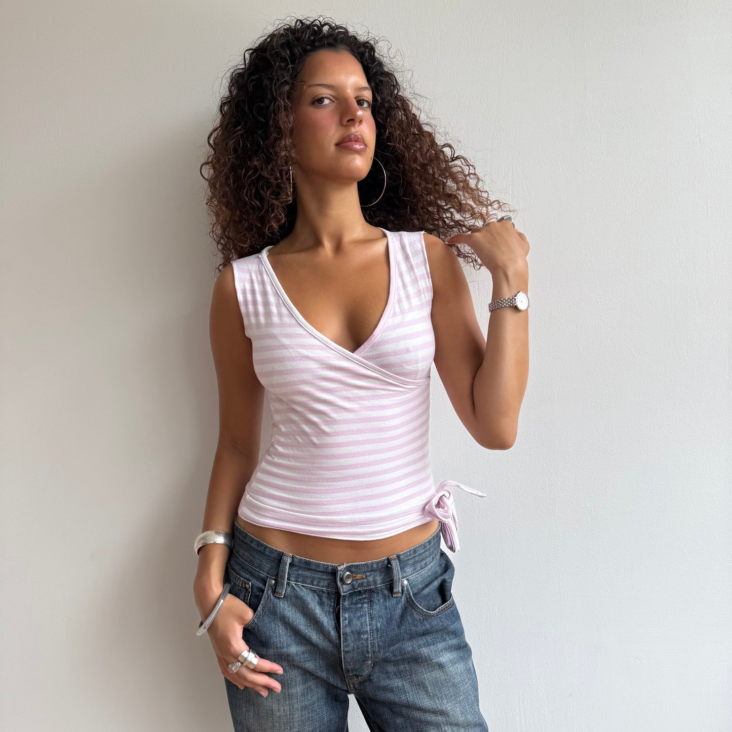 Pink and white striped wrap top - Size XS