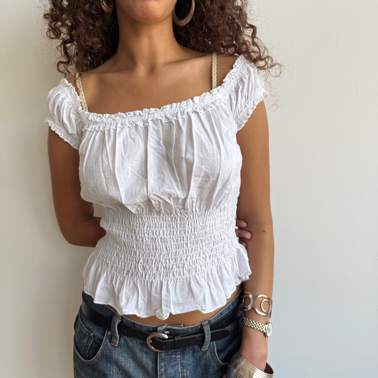 White ruched milkmaid top - Size S