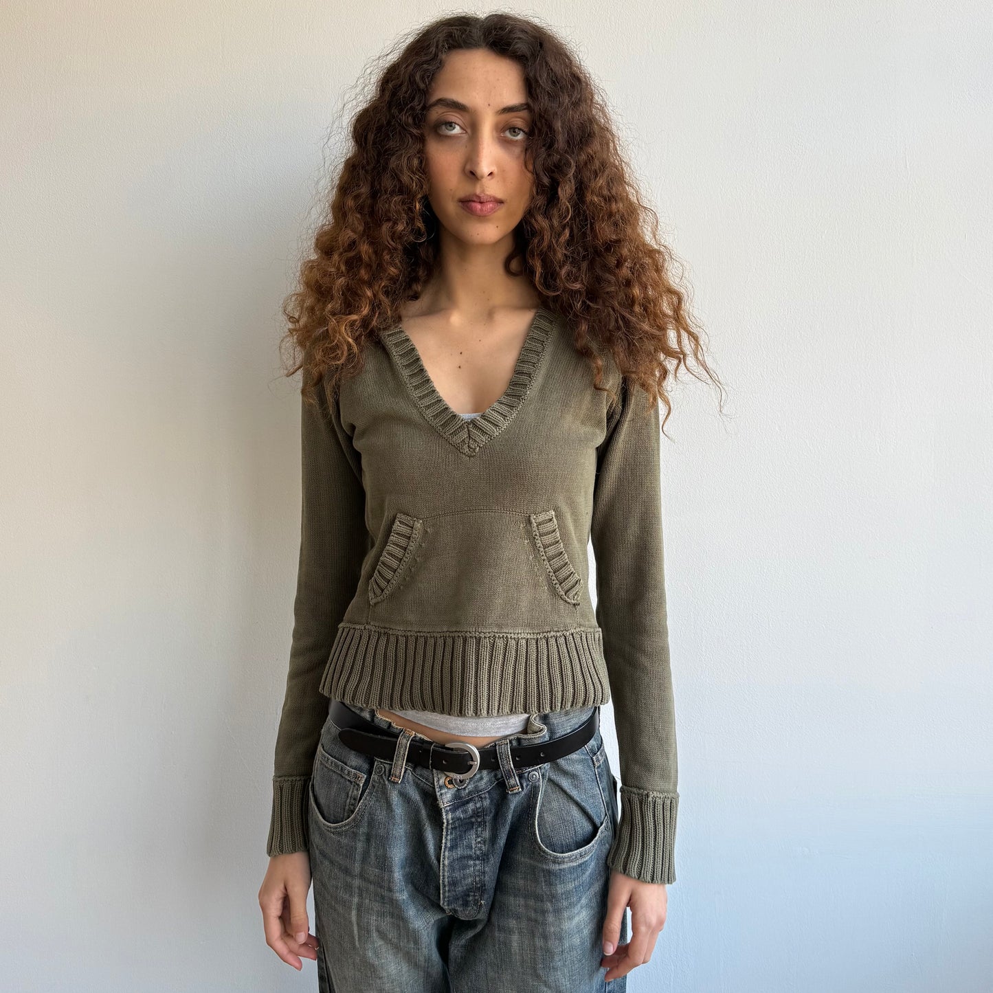 Khaki knitted hoodie - Size S