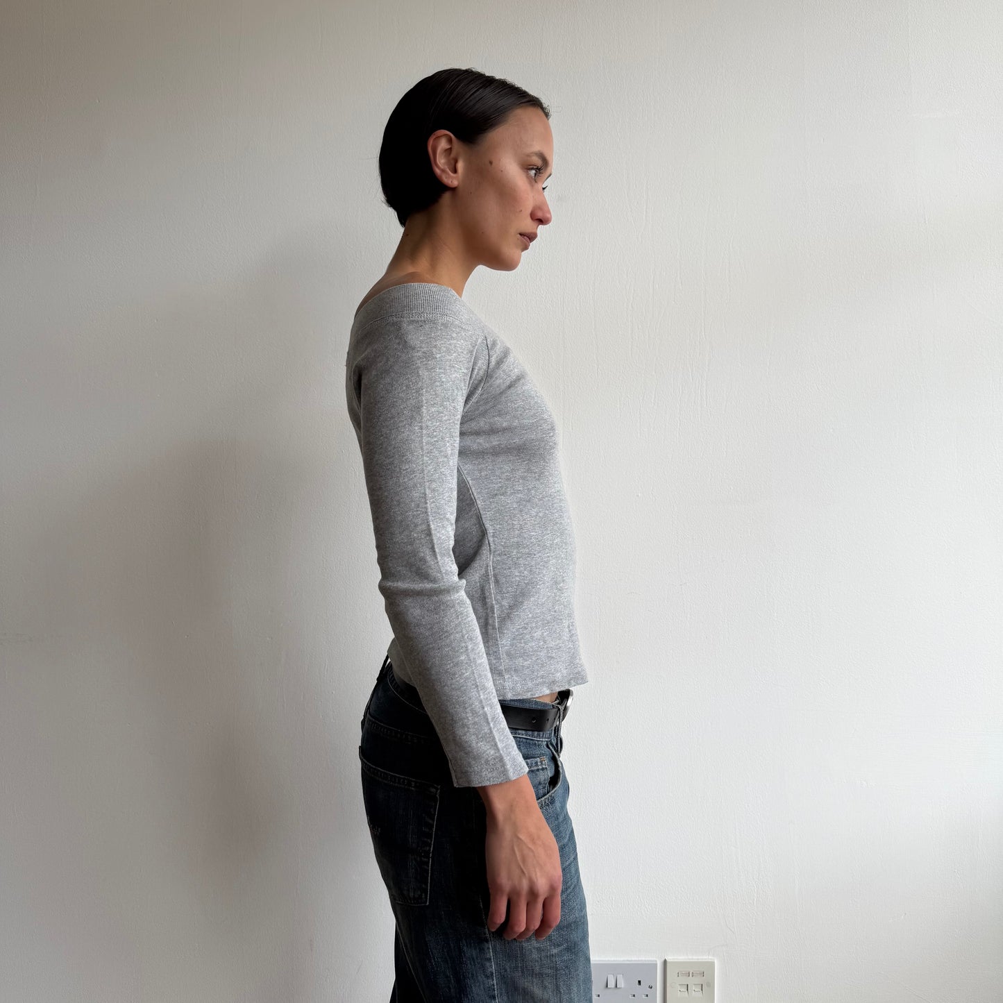 Grey 3/4 sleeve boatneck top - Size M