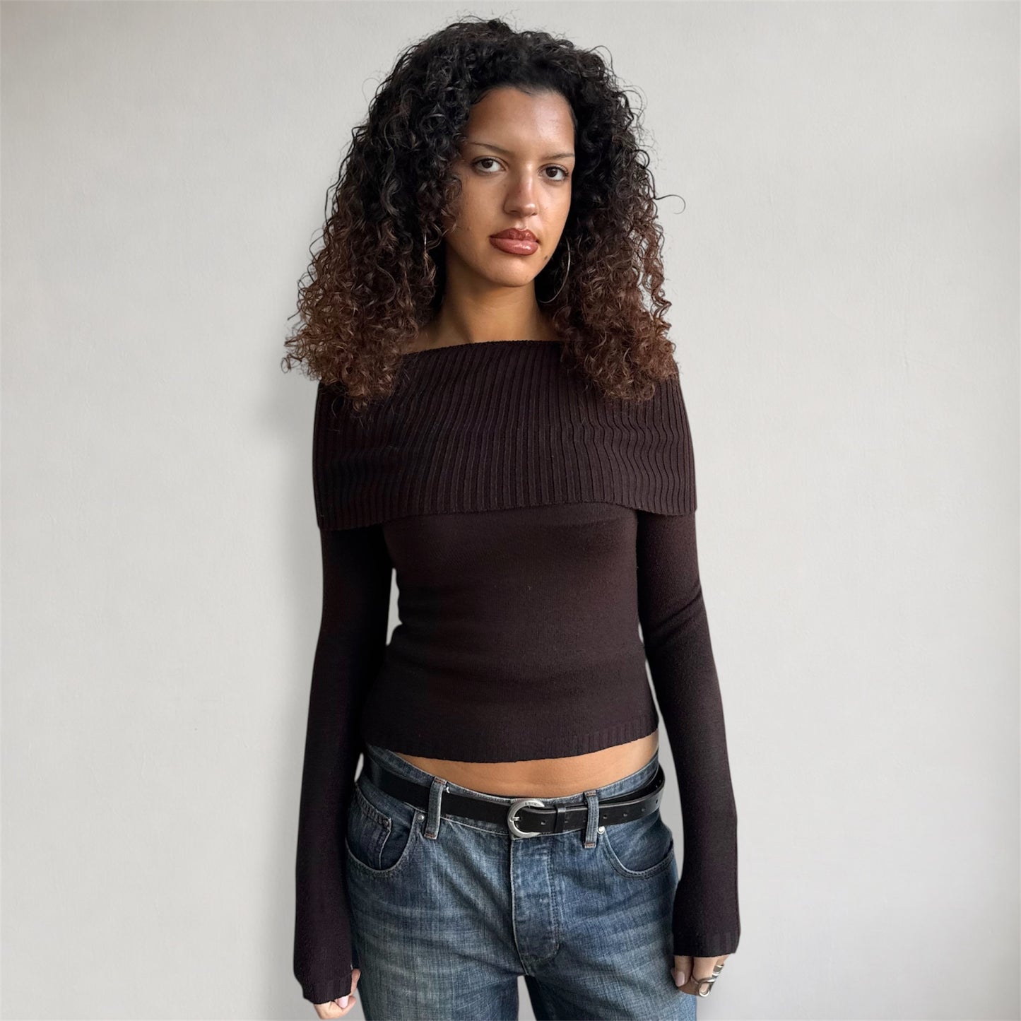 Brown Bardot knit jumper - Size S