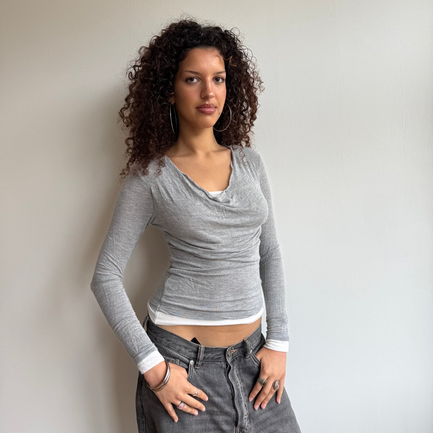 Grey double layer fine knit top - Size S + M