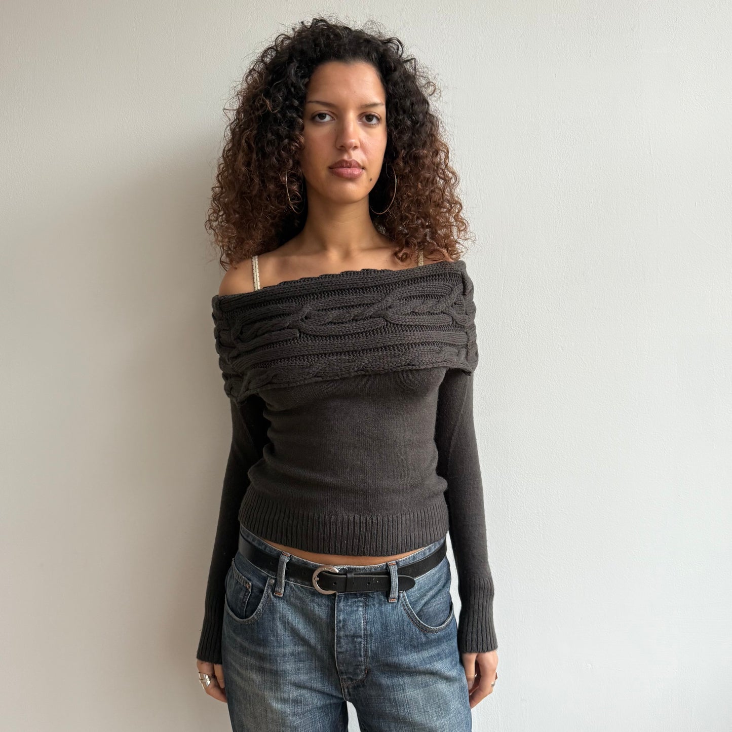 Brown cable knit bardot knit - Size S