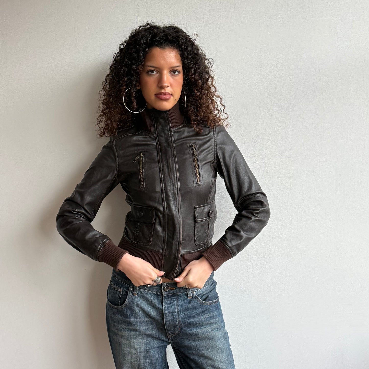 Brown leather zip bomber jacket - Size S