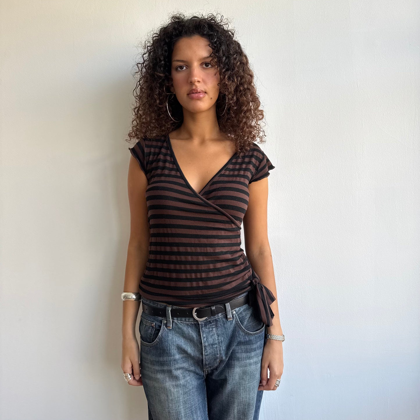 Brown + black stripe wrap top - Size M