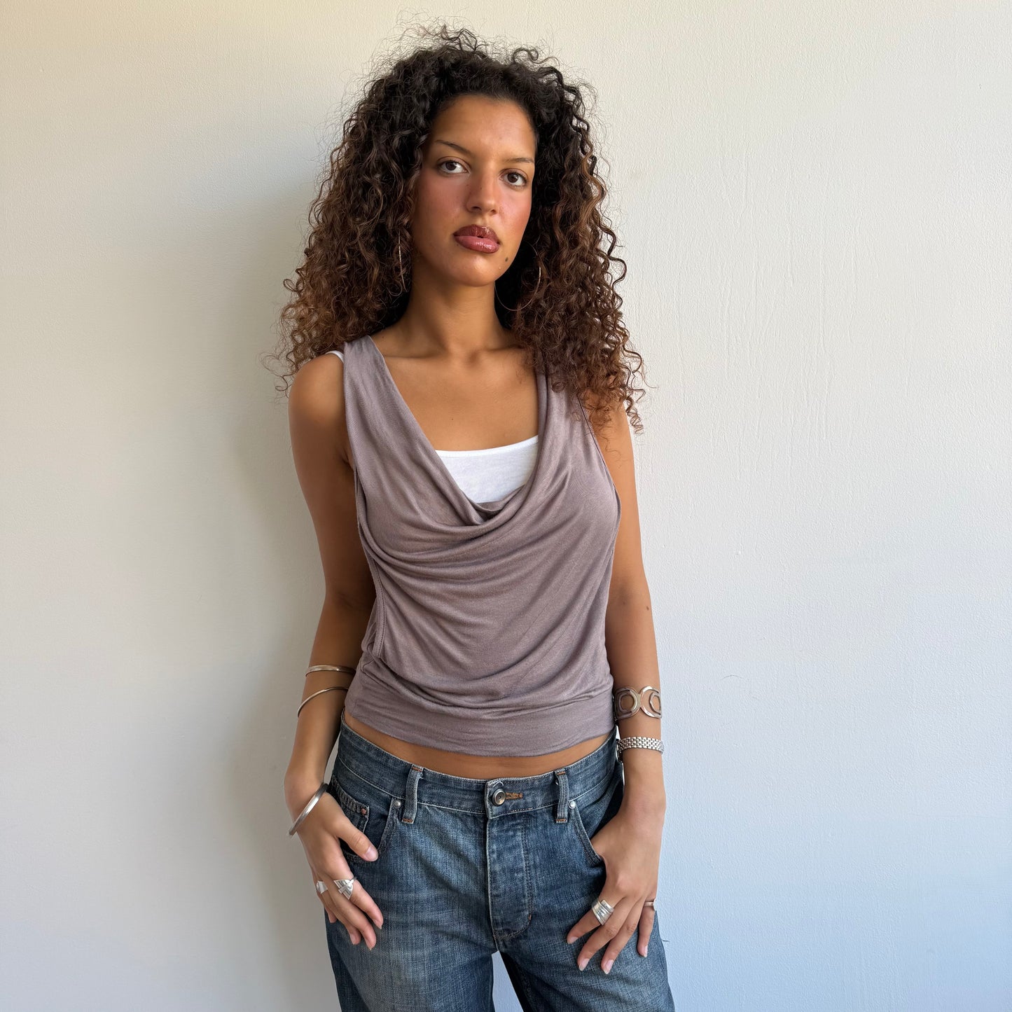 Taupe + white double layer top - Size S