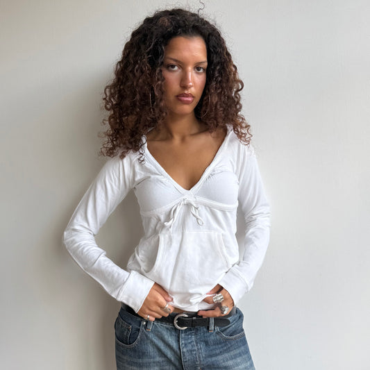 White v-neck hooded top - Size M