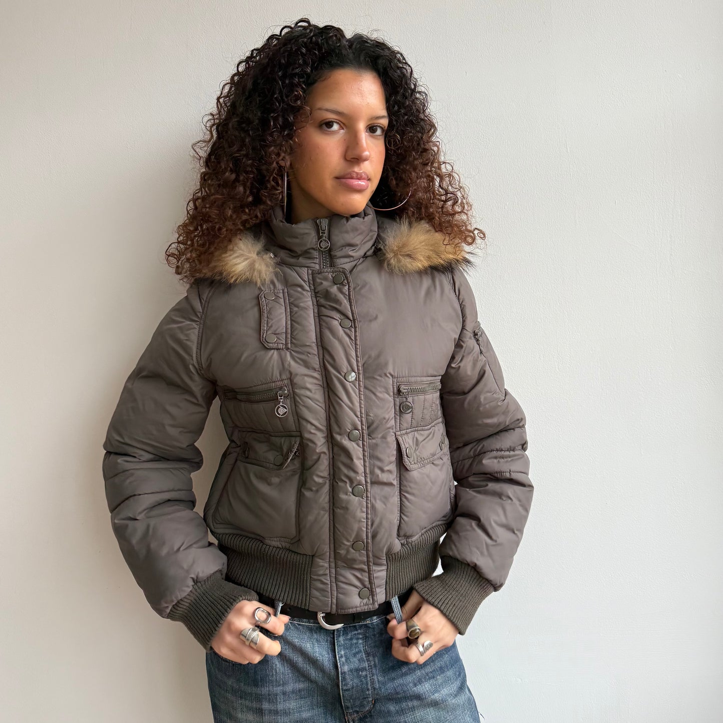 Brown fur trim puffer - Size M