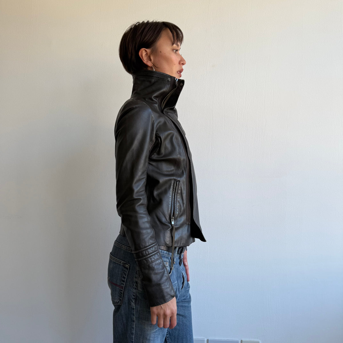 Brown leather funnel neck jacket - Size S