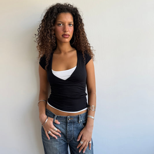 Black + white double layer wrap top - Size S + L