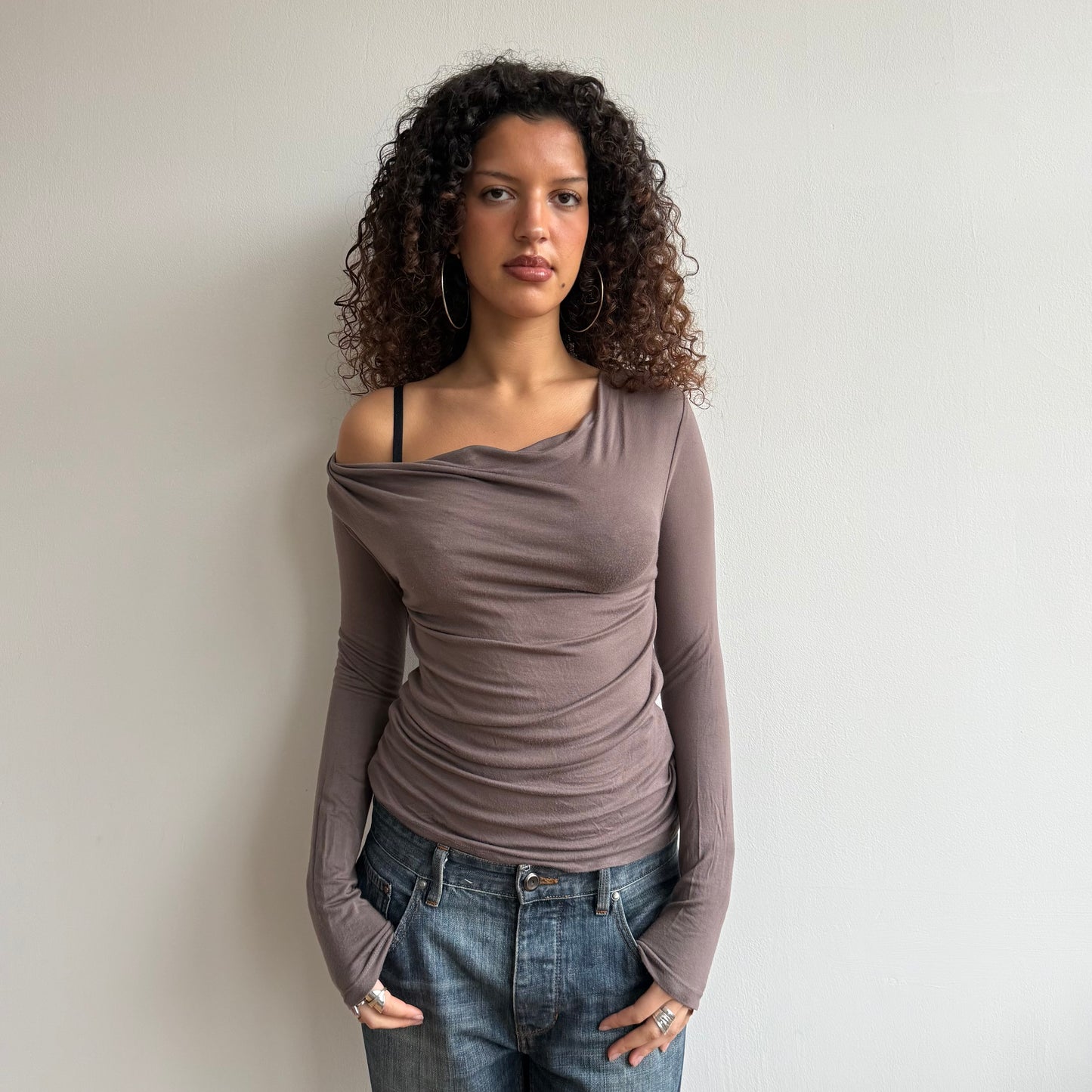 Taupe slouchy long sleeve cowl top - Size S/M