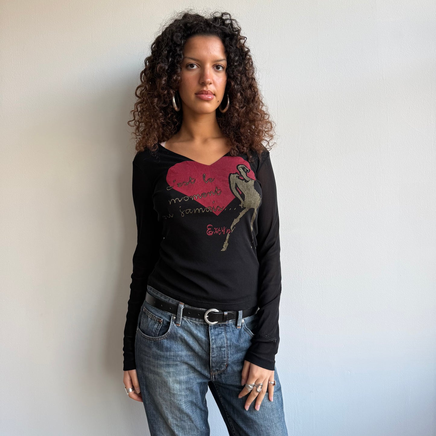 Black graphic mesh long sleeve top - Size S/M