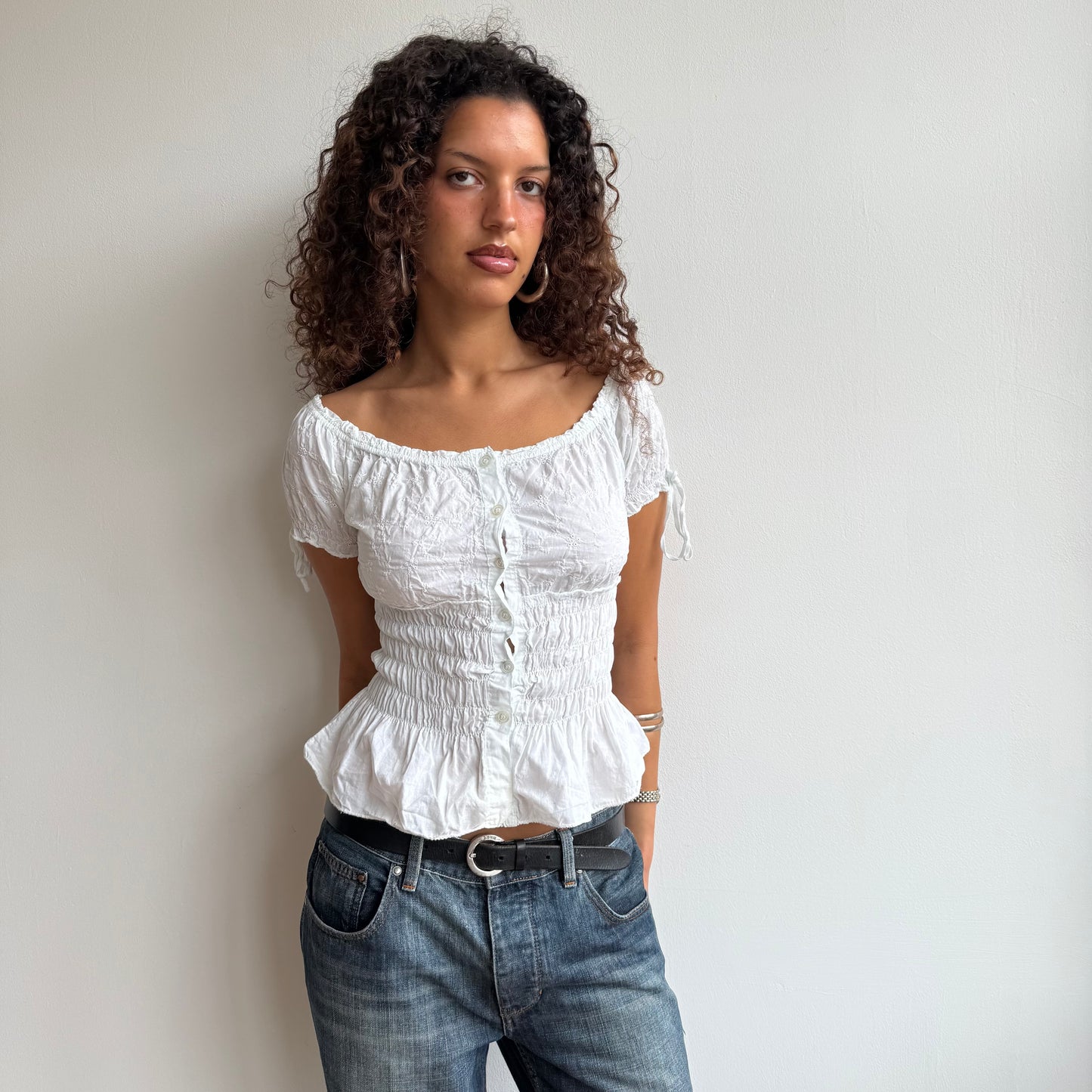 White broderie milkmaid top - Size S