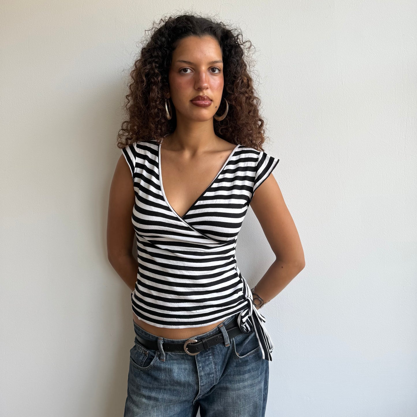 Black and white striped wrap top - Size M