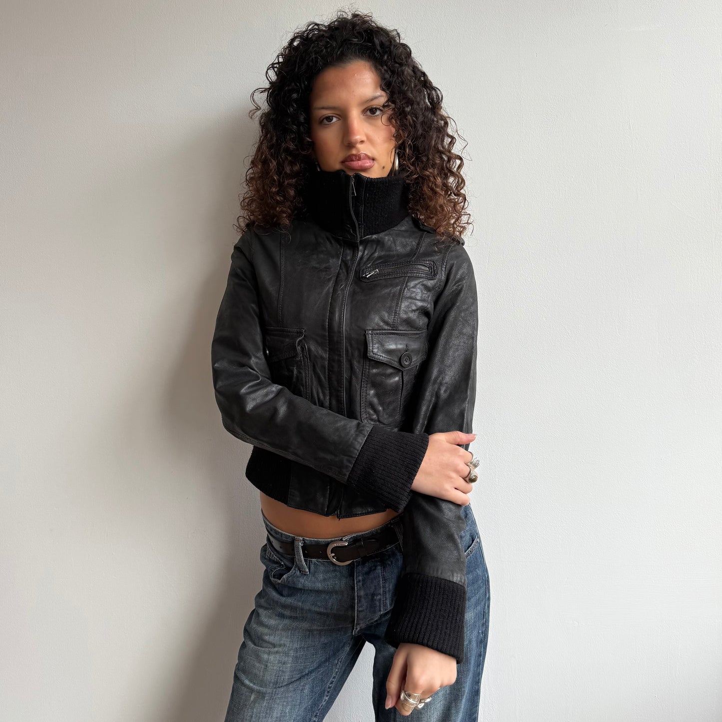 Black leather cargo jacket - Size S/M