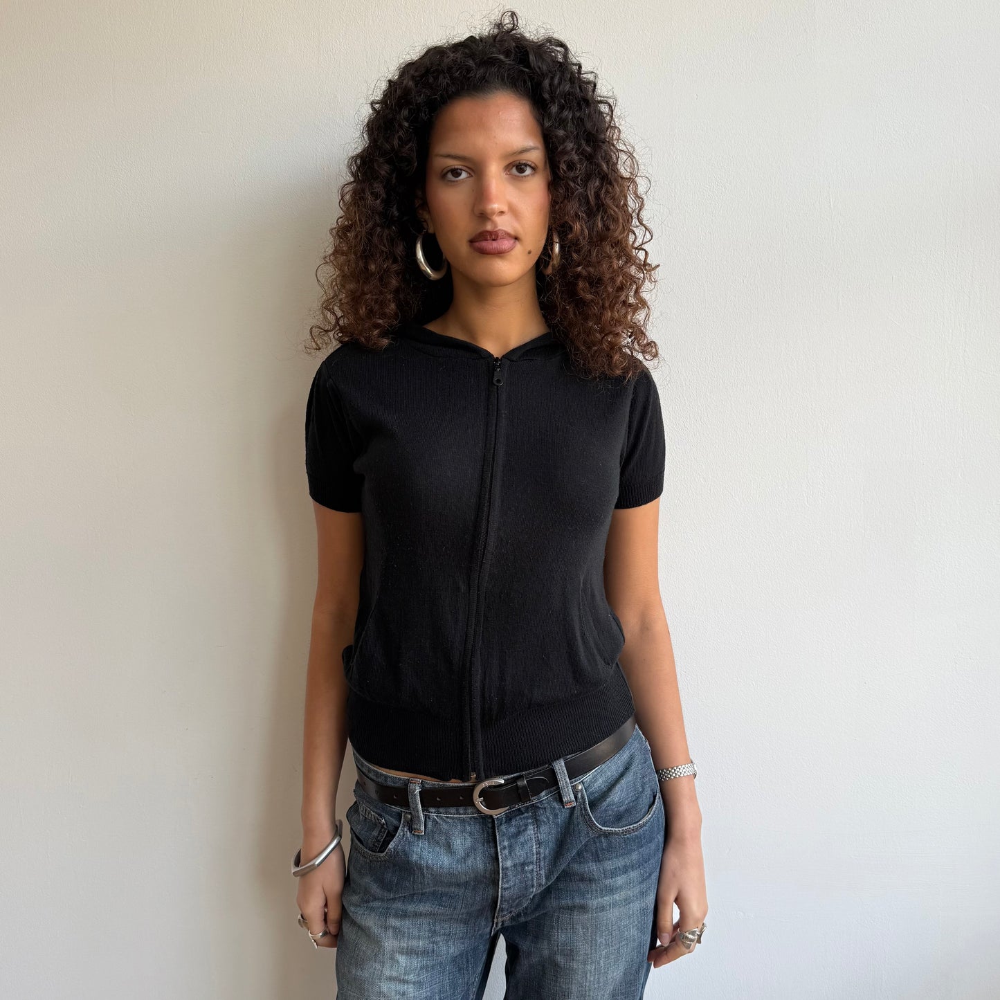 Black short sleeve knit hoodie - Size XS