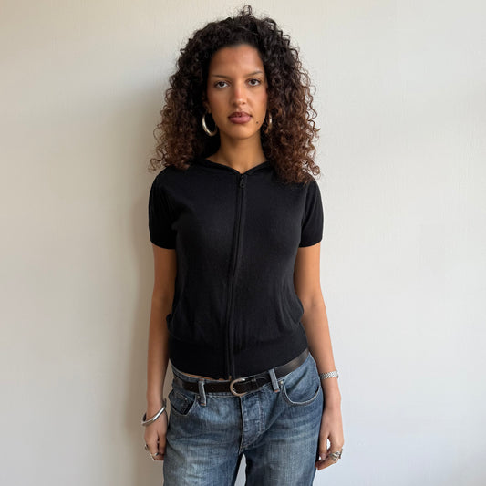 Black short sleeve knit hoodie - Size XS