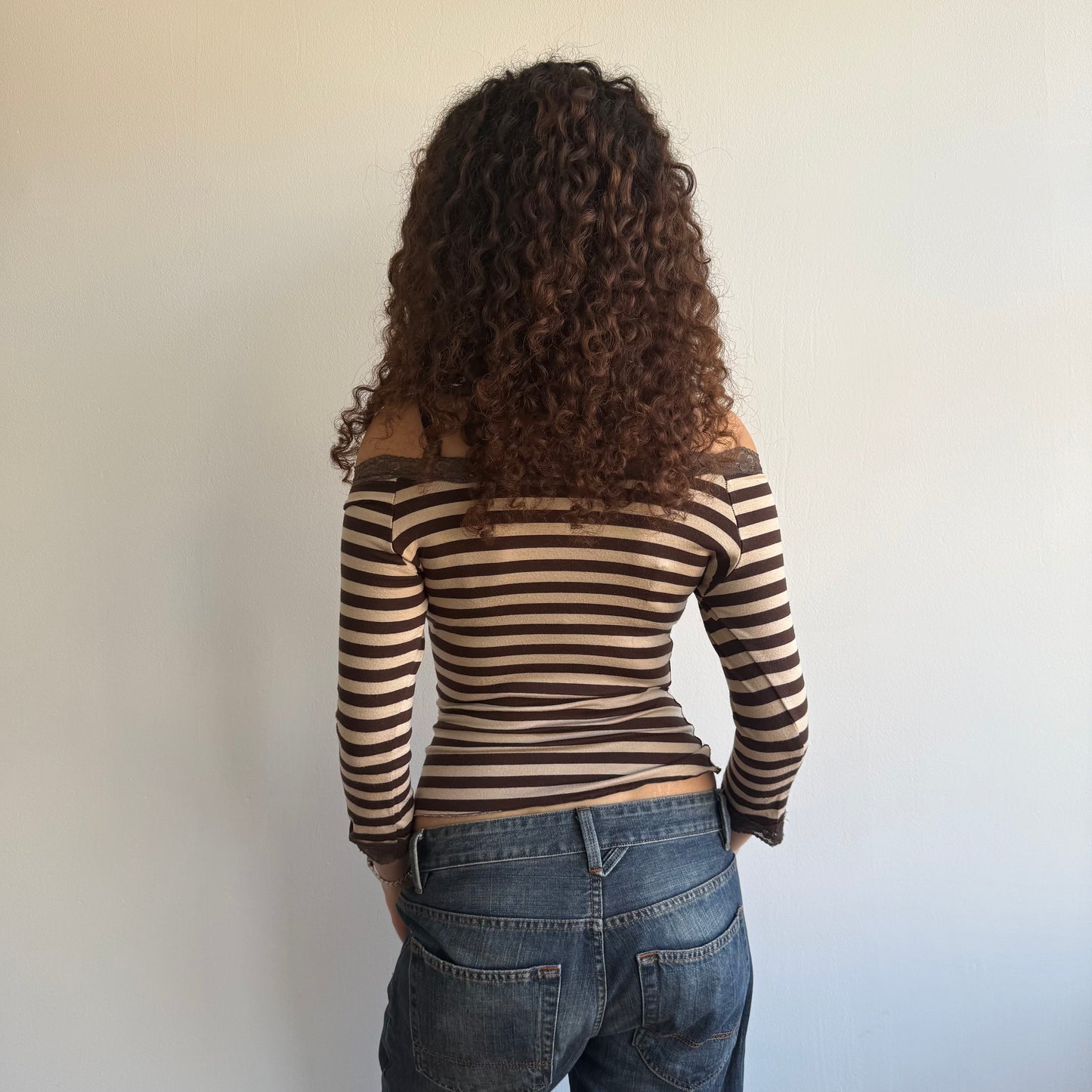Beige striped Bardot top - Size S