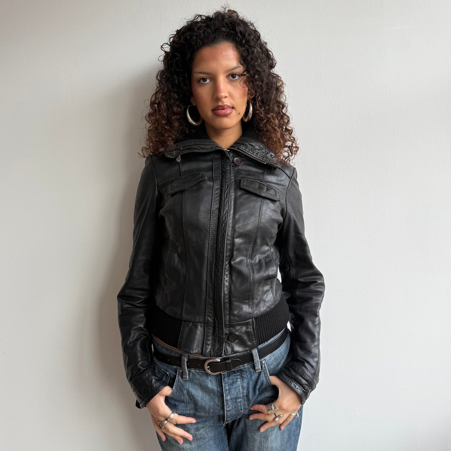 Black leather cargo jacket - Size S/M