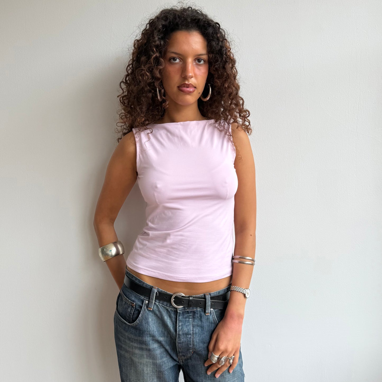 Pink slinky bateau neck top - Size S/M