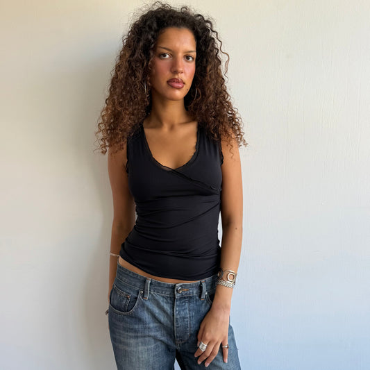 Black wrap ruffle top - Size S + M