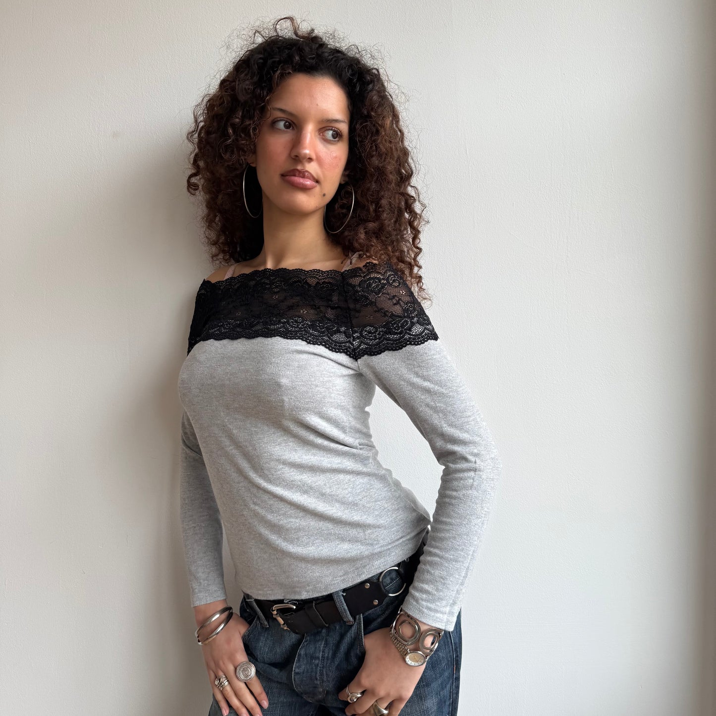 Grey Bardot lace knit top - Size S/M