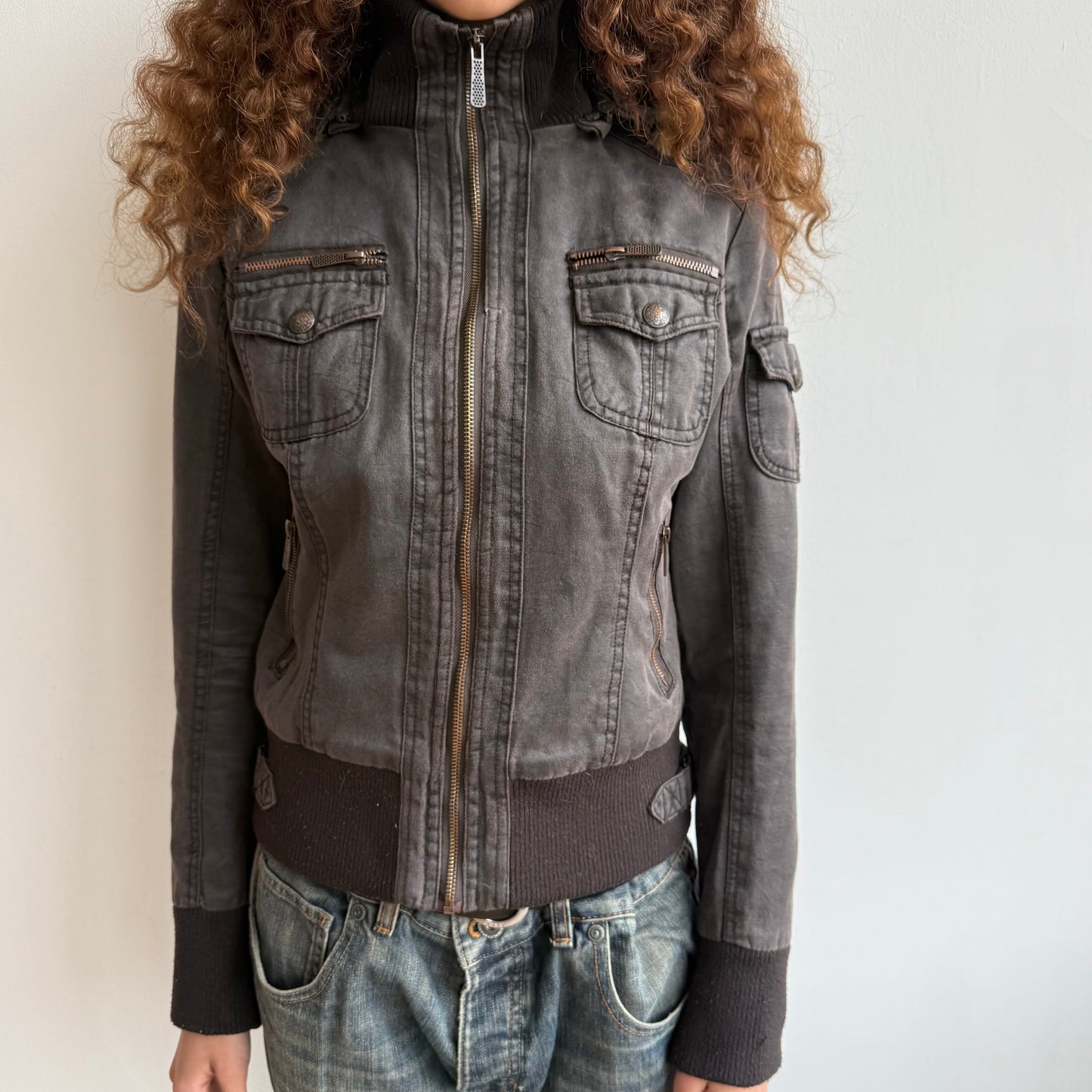 Brown fur hood cargo bomber - Size S