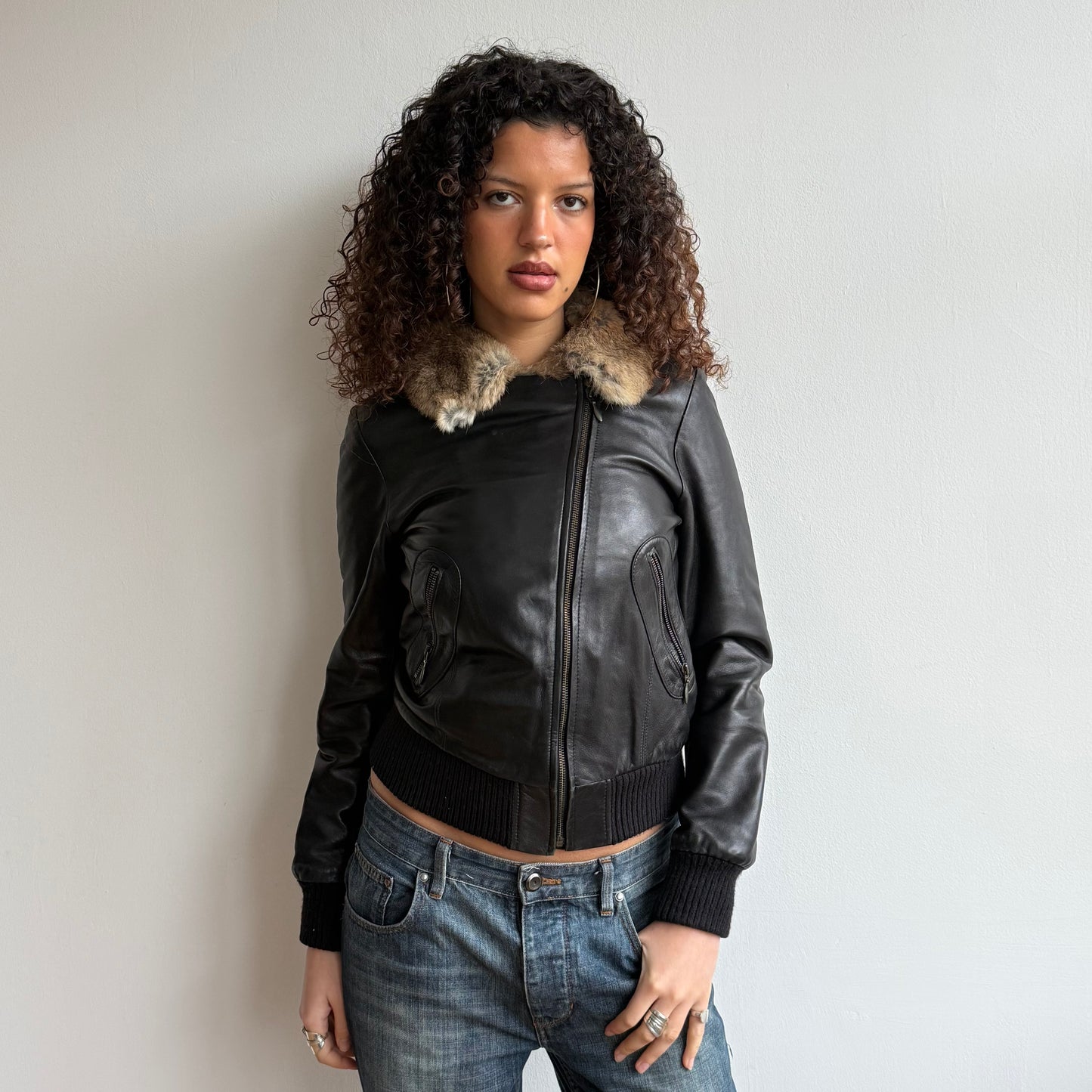 Black leather fur zip jacket - Size M