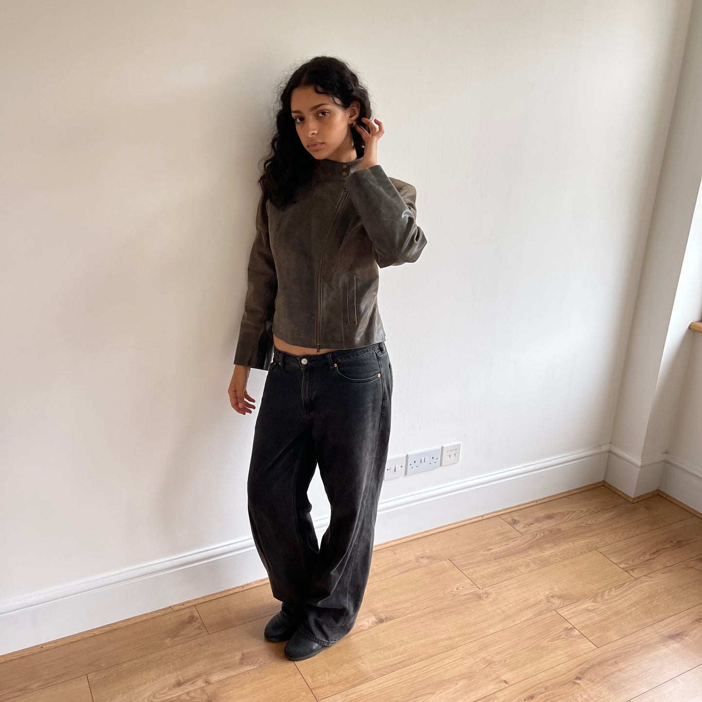 Brown asymmetric moto jacket - Size M