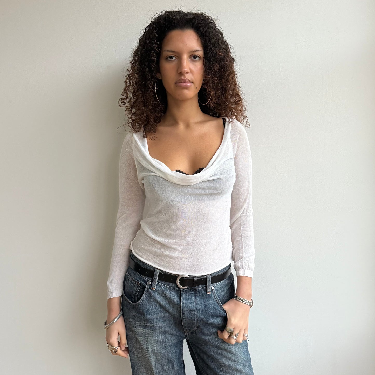 White fine knit slouchy top - Size S