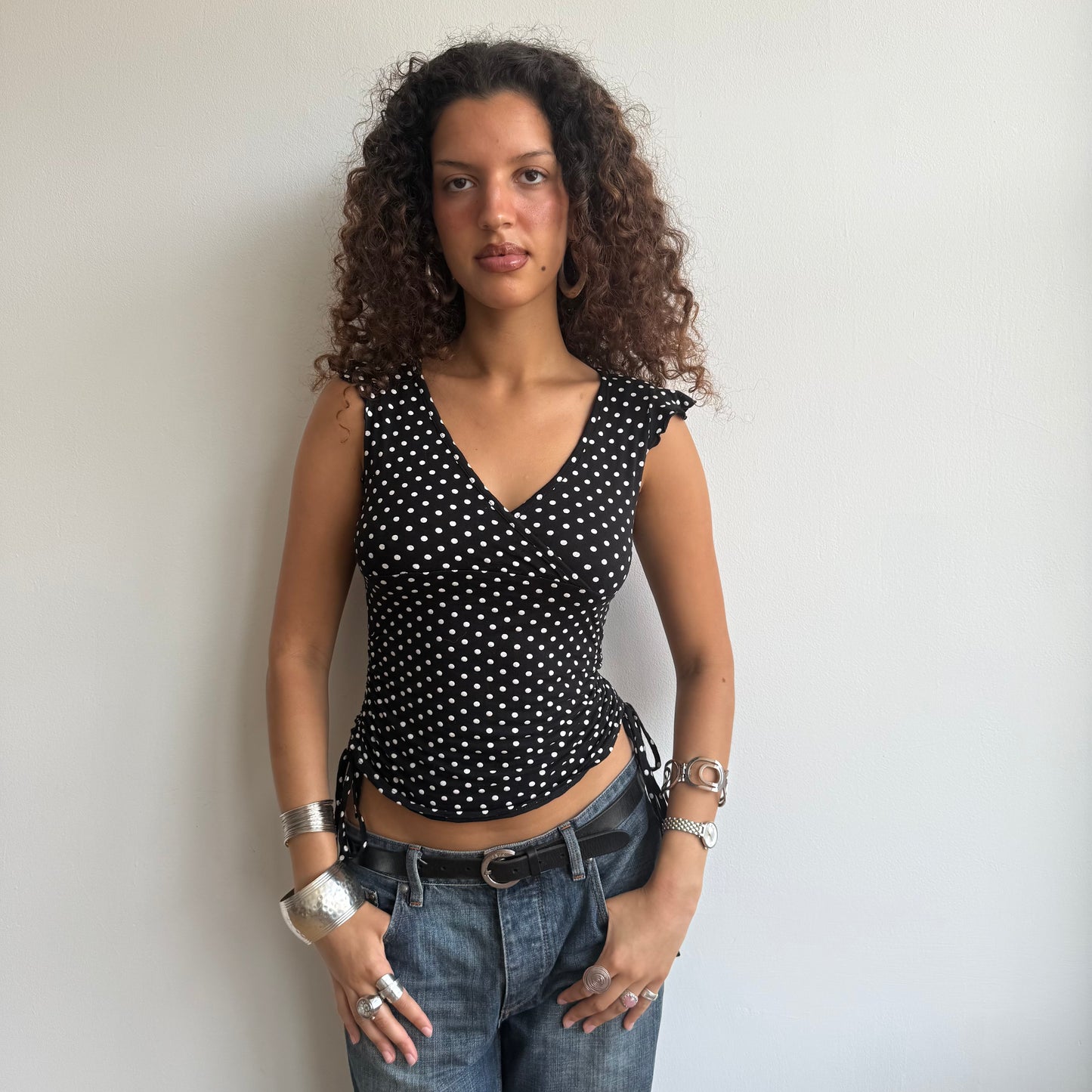 Polka dot ruched tie side t-shirt - Size S