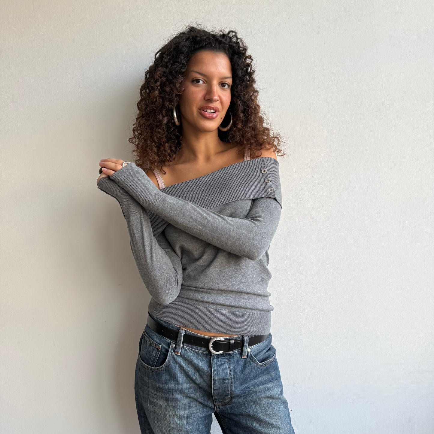 Grey button bardot knit - Size S