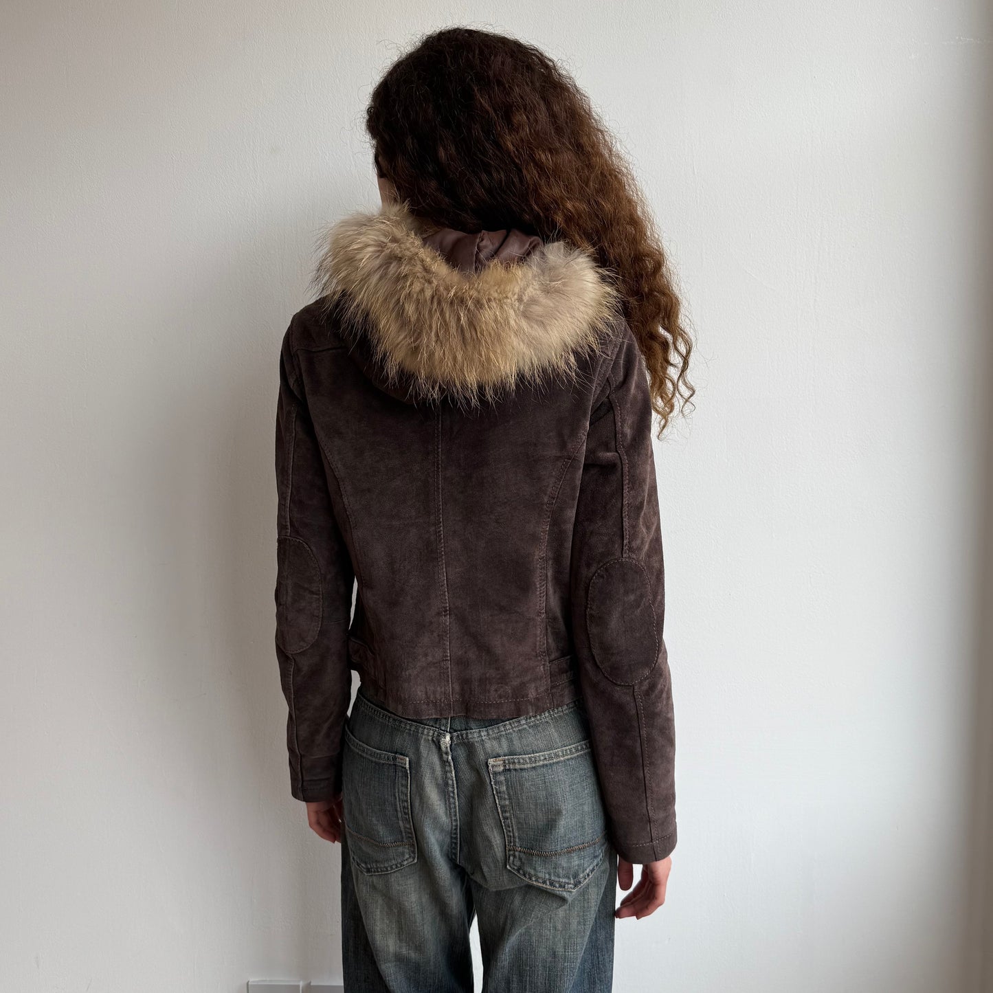 Brown suede fur hood bomber - Size S